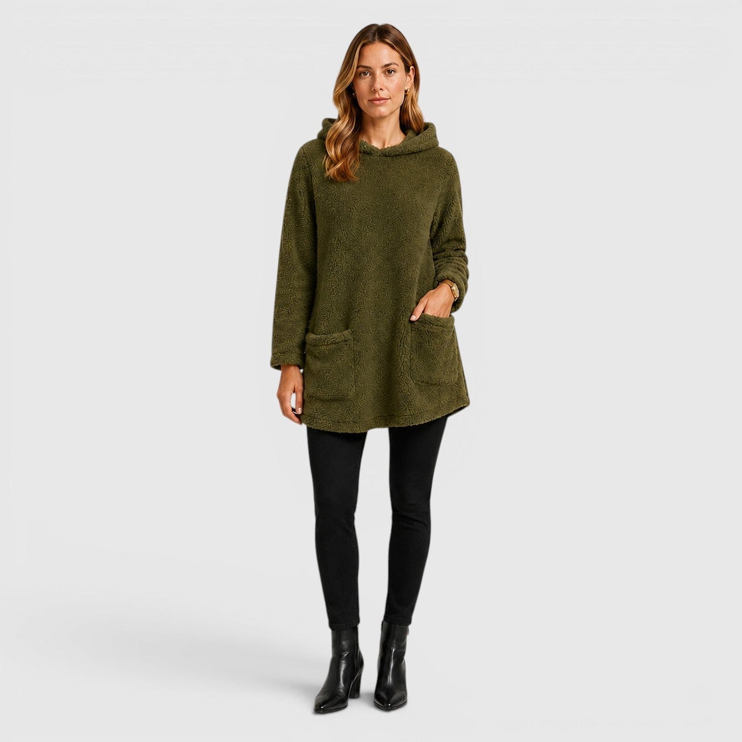 Comfortable Olive Green Sherpa Fleece Hoodie for Women with Drawstring Hood Long Sleeve Kangaroo Pocket Tunic Style