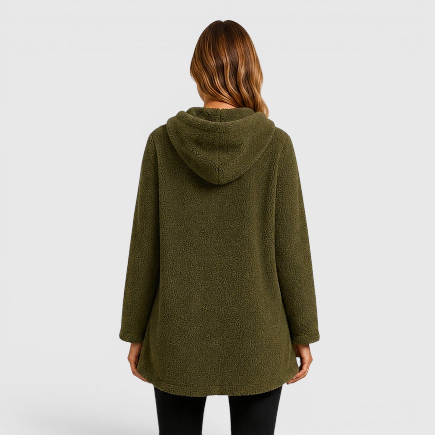 Comfortable Olive Green Sherpa Fleece Hoodie for Women with Drawstring Hood Long Sleeve Kangaroo Pocket Tunic Style