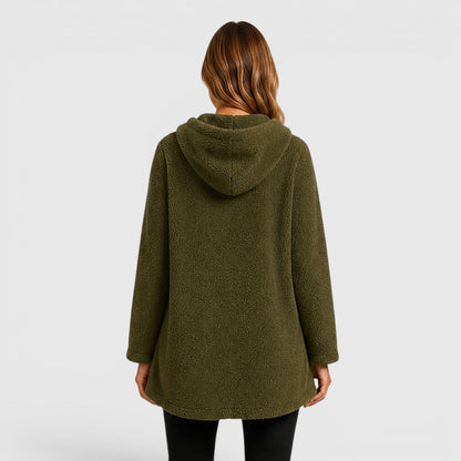 Comfortable Olive Green Sherpa Fleece Hoodie for Women with Drawstring Hood Long Sleeve Kangaroo Pocket Tunic Style