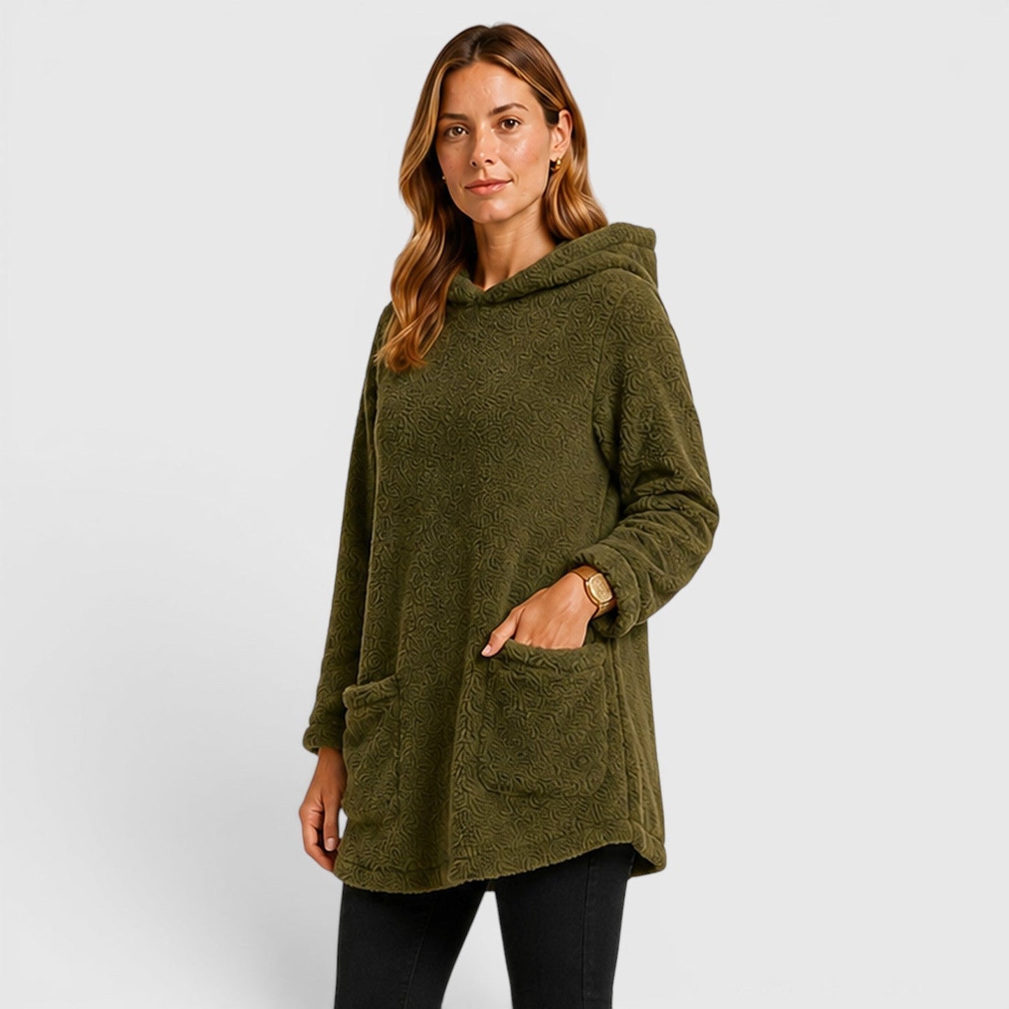 Comfortable Olive Green Sherpa Fleece Hoodie for Women with Drawstring Hood Long Sleeve Kangaroo Pocket Tunic Style