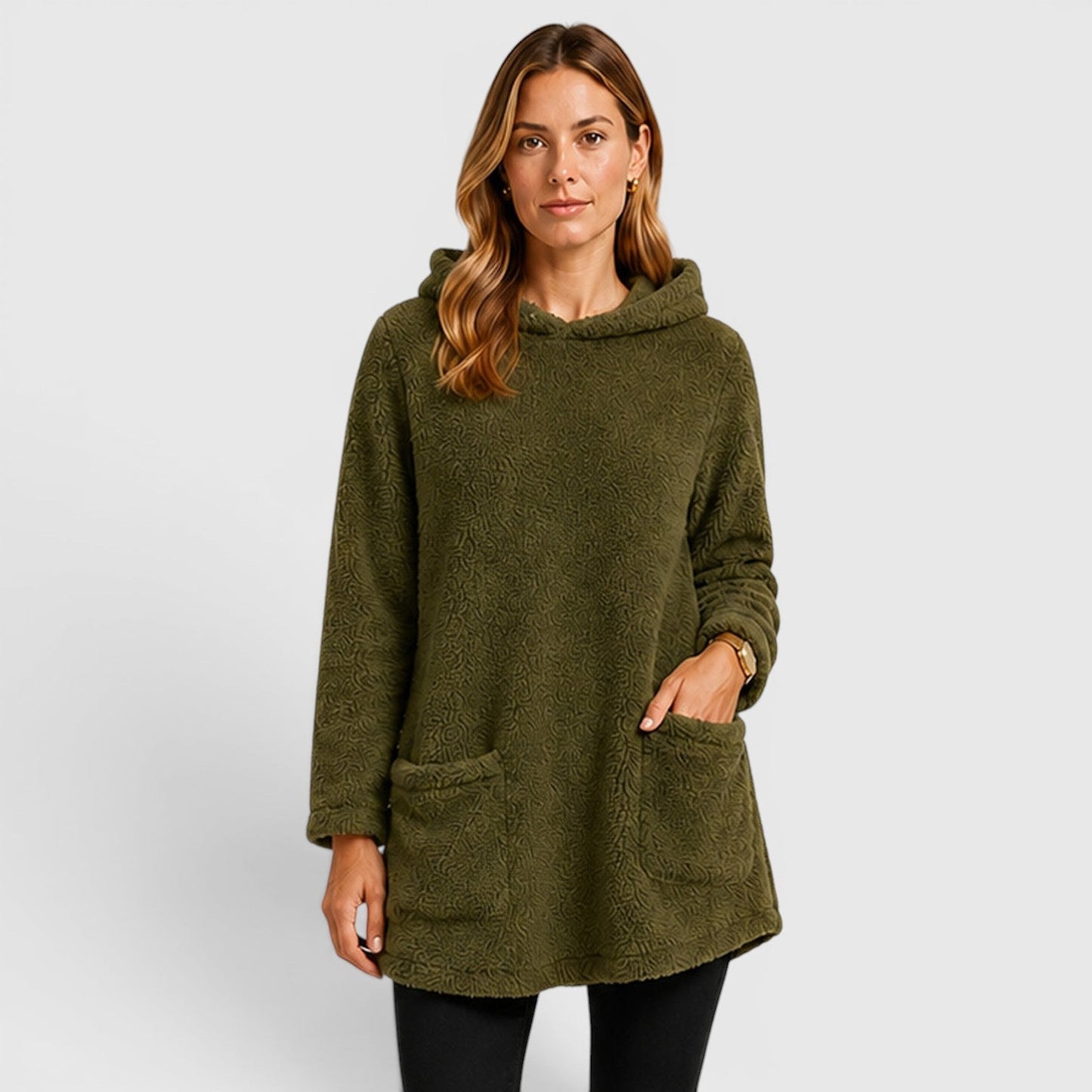 Comfortable Olive Green Sherpa Fleece Hoodie for Women with Drawstring Hood Long Sleeve Kangaroo Pocket Tunic Style