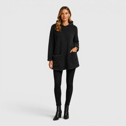 Comfortable Olive Green Sherpa Fleece Hoodie for Women with Drawstring Hood Long Sleeve Kangaroo Pocket Tunic Style