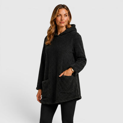 Comfortable Olive Green Sherpa Fleece Hoodie for Women with Drawstring Hood Long Sleeve Kangaroo Pocket Tunic Style