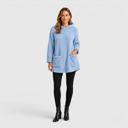 Comfortable Olive Green Sherpa Fleece Hoodie for Women with Drawstring Hood Long Sleeve Kangaroo Pocket Tunic Style