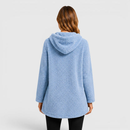 Comfortable Olive Green Sherpa Fleece Hoodie for Women with Drawstring Hood Long Sleeve Kangaroo Pocket Tunic Style