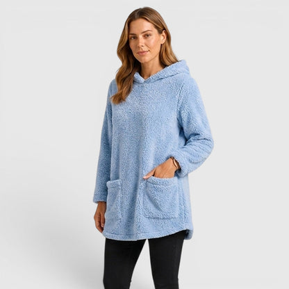 Comfortable Olive Green Sherpa Fleece Hoodie for Women with Drawstring Hood Long Sleeve Kangaroo Pocket Tunic Style