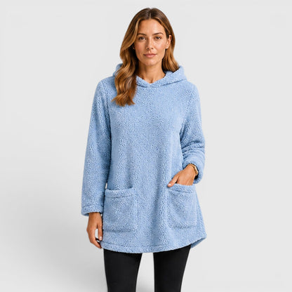 Comfortable Olive Green Sherpa Fleece Hoodie for Women with Drawstring Hood Long Sleeve Kangaroo Pocket Tunic Style