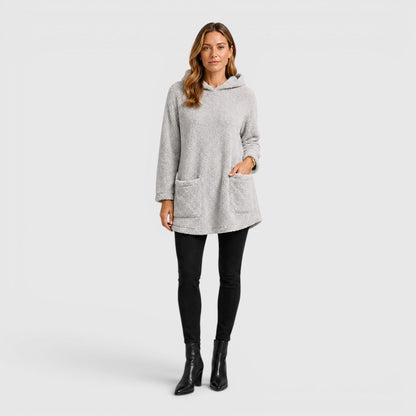 Comfortable Olive Green Sherpa Fleece Hoodie for Women with Drawstring Hood Long Sleeve Kangaroo Pocket Tunic Style