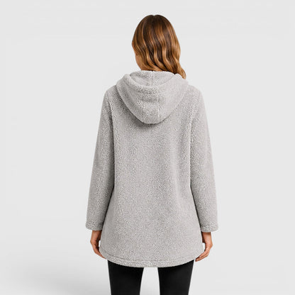 Comfortable Olive Green Sherpa Fleece Hoodie for Women with Drawstring Hood Long Sleeve Kangaroo Pocket Tunic Style