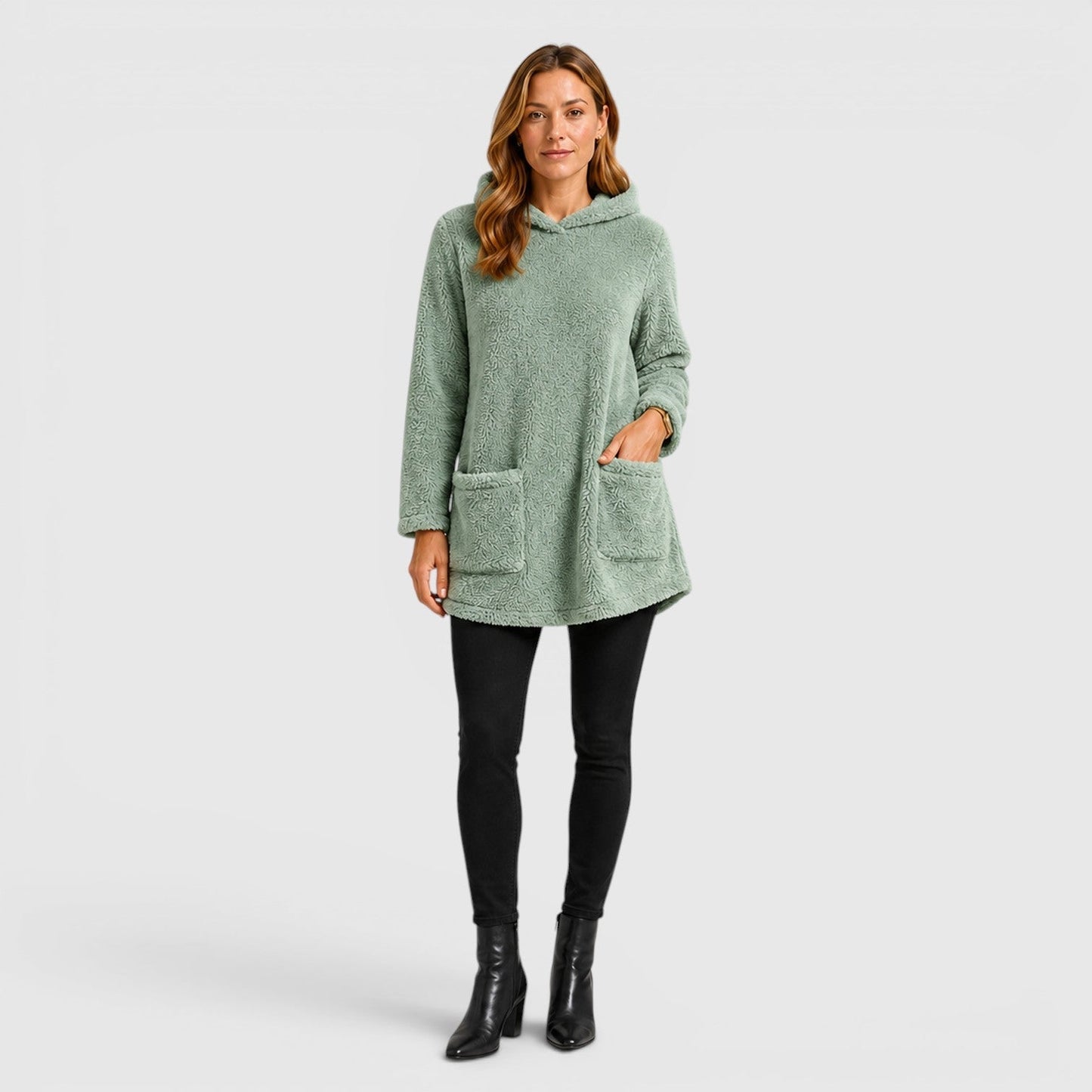 Comfortable Olive Green Sherpa Fleece Hoodie for Women with Drawstring Hood Long Sleeve Kangaroo Pocket Tunic Style
