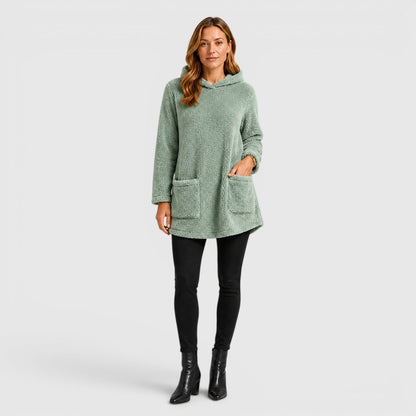 Comfortable Olive Green Sherpa Fleece Hoodie for Women with Drawstring Hood Long Sleeve Kangaroo Pocket Tunic Style