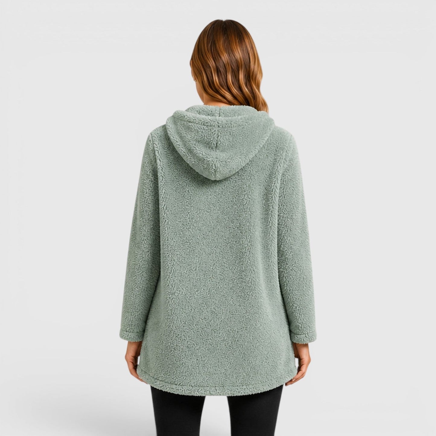 Comfortable Olive Green Sherpa Fleece Hoodie for Women with Drawstring Hood Long Sleeve Kangaroo Pocket Tunic Style