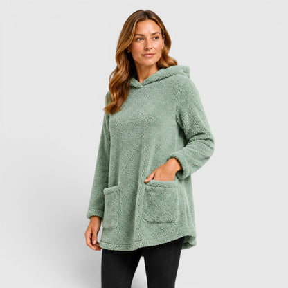 Comfortable Olive Green Sherpa Fleece Hoodie for Women with Drawstring Hood Long Sleeve Kangaroo Pocket Tunic Style