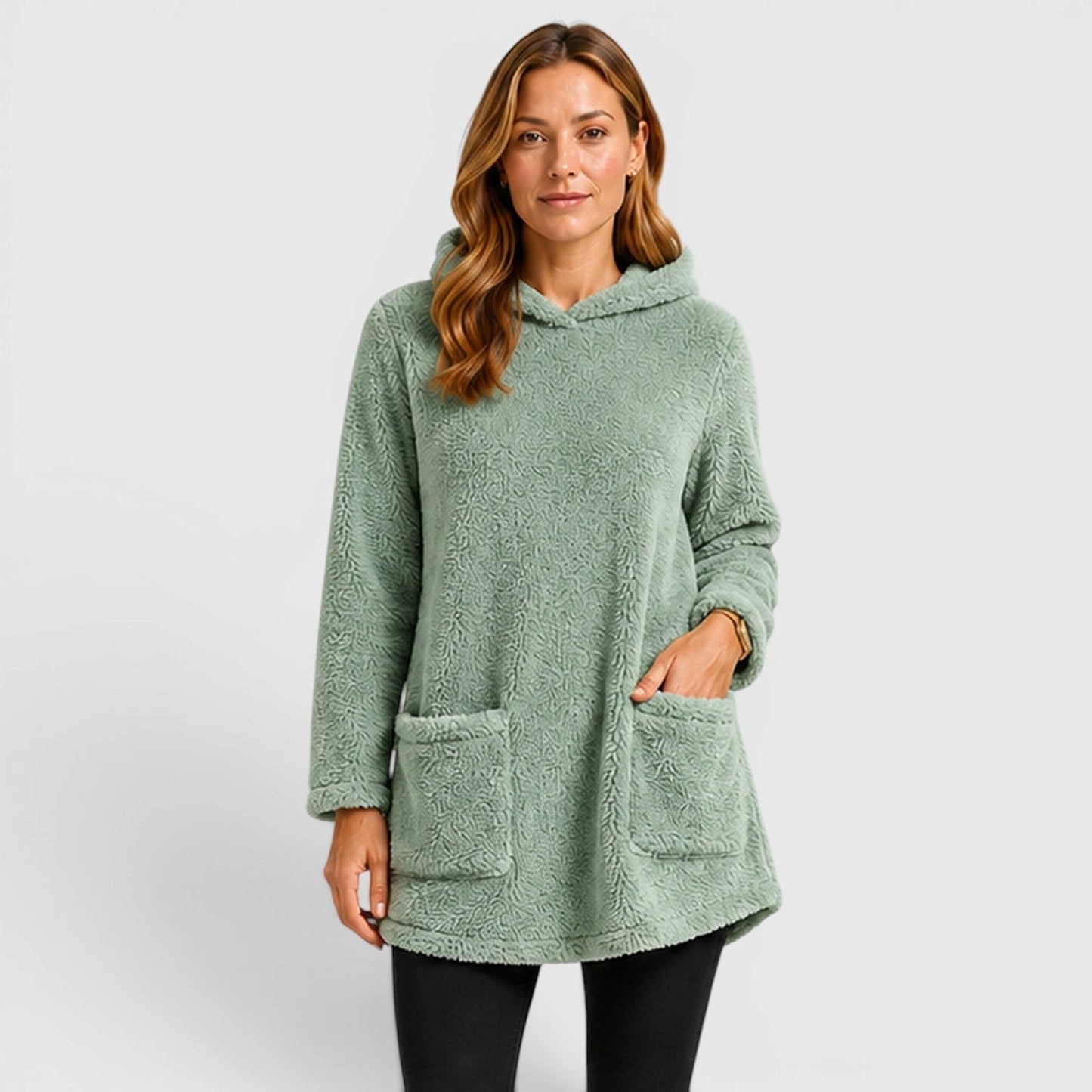 Comfortable Olive Green Sherpa Fleece Hoodie for Women with Drawstring Hood Long Sleeve Kangaroo Pocket Tunic Style
