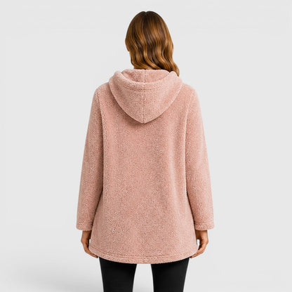 Comfortable Olive Green Sherpa Fleece Hoodie for Women with Drawstring Hood Long Sleeve Kangaroo Pocket Tunic Style