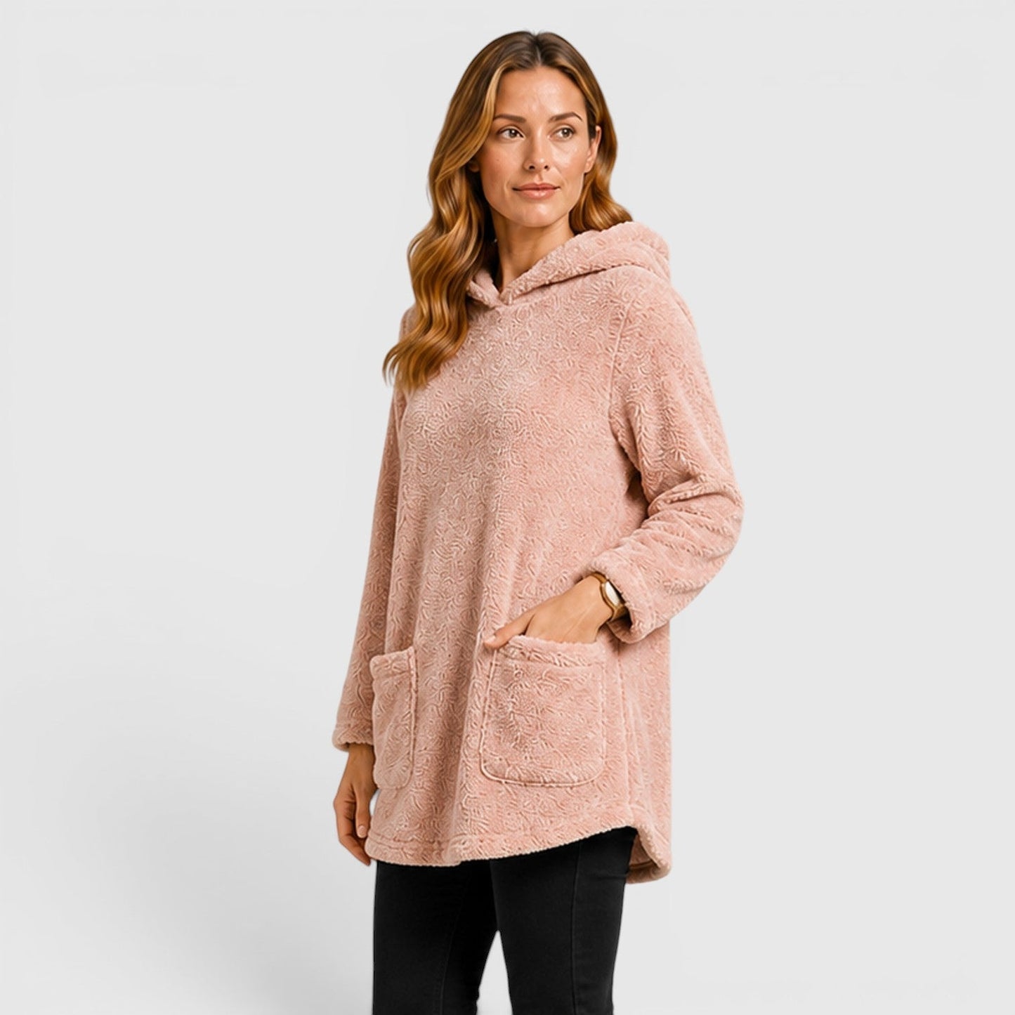 Comfortable Olive Green Sherpa Fleece Hoodie for Women with Drawstring Hood Long Sleeve Kangaroo Pocket Tunic Style