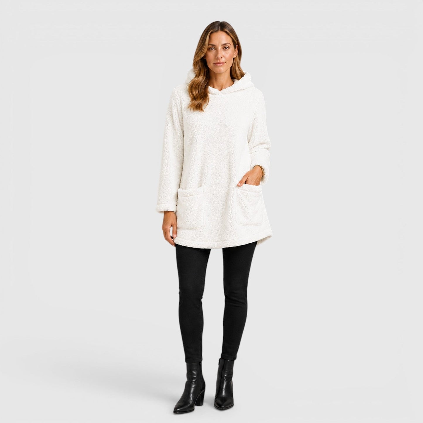 Comfortable Olive Green Sherpa Fleece Hoodie for Women with Drawstring Hood Long Sleeve Kangaroo Pocket Tunic Style
