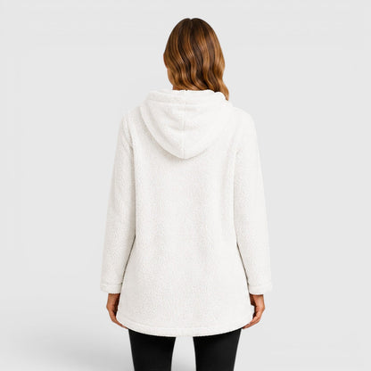 Comfortable Olive Green Sherpa Fleece Hoodie for Women with Drawstring Hood Long Sleeve Kangaroo Pocket Tunic Style