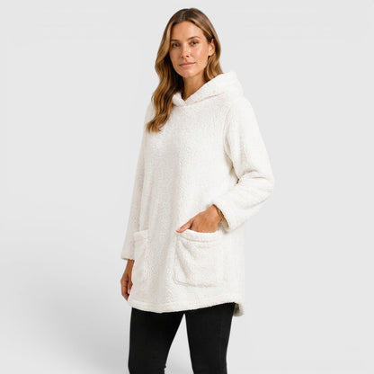 Comfortable Olive Green Sherpa Fleece Hoodie for Women with Drawstring Hood Long Sleeve Kangaroo Pocket Tunic Style