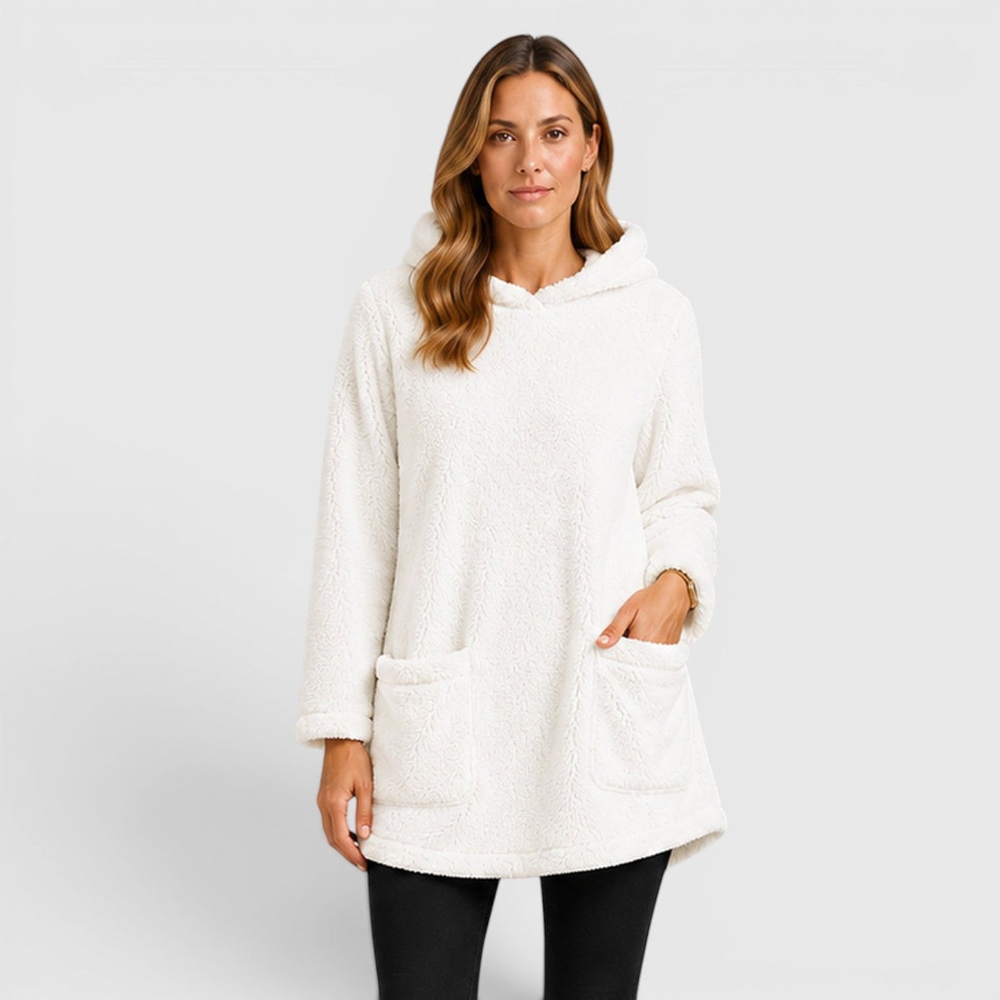 Comfortable Olive Green Sherpa Fleece Hoodie for Women with Drawstring Hood Long Sleeve Kangaroo Pocket Tunic Style