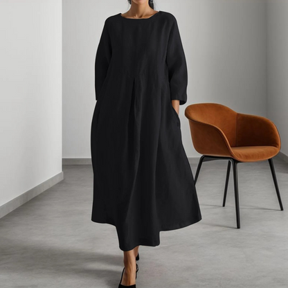 Effortless Linen Maxi Dress for Women with Round Neck Pleated Relaxed Oversized Flowing Style