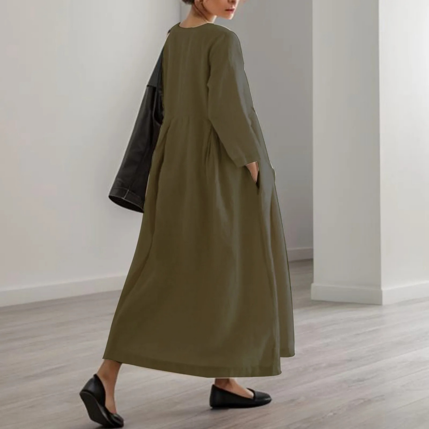 Effortless Linen Maxi Dress for Women with Round Neck Pleated Relaxed Oversized Flowing Style