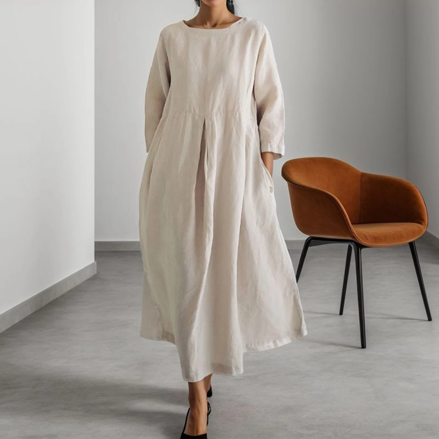 Effortless Linen Maxi Dress for Women with Round Neck Pleated Relaxed Oversized Flowing Style