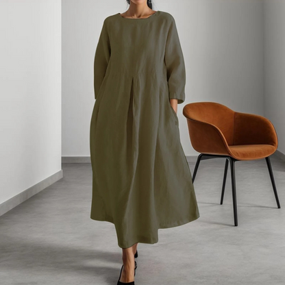 Effortless Linen Maxi Dress for Women with Round Neck Pleated Relaxed Oversized Flowing Style