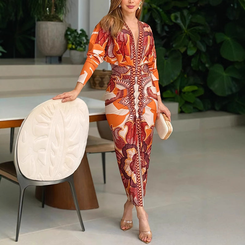 Elegant Bodycon Dress for Women with V Neck Long Sleeve Printed Midi Style