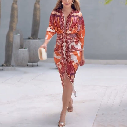 Elegant Bodycon Dress for Women with V Neck Long Sleeve Printed Midi Style