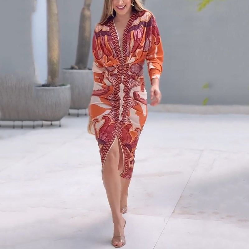 Elegant Bodycon Dress for Women with V Neck Long Sleeve Printed Midi Style