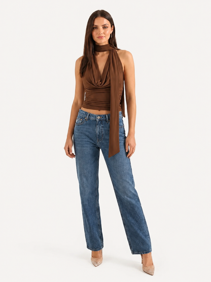 Elegant Brown Satin Halter Top for Women with Cowl Neck Sleeveless Ruched Scarf Tie Draped Style