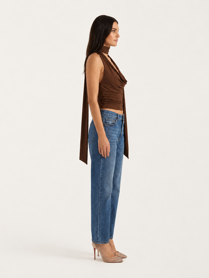 Elegant Brown Satin Halter Top for Women with Cowl Neck Sleeveless Ruched Scarf Tie Draped Style