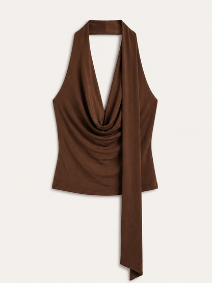 Elegant Brown Satin Halter Top for Women with Cowl Neck Sleeveless Ruched Scarf Tie Draped Style
