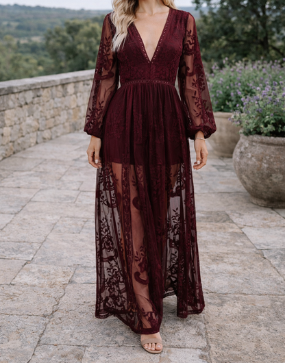 Elegant White Lace Maxi Dress for Women with V Neck Long Sleeve Sheer Slit Fall Wedding Guest Style