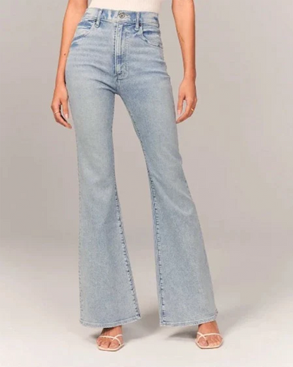 Stylish Blue High Waisted Flare Jeans for Women with Five Pocket Button Front Denim Retro Style