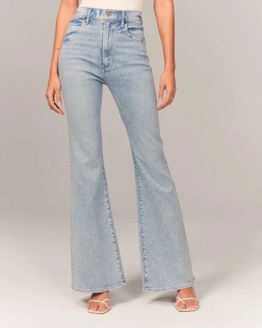 Stylish Blue High Waisted Flare Jeans for Women with Five Pocket Button Front Denim Retro Style