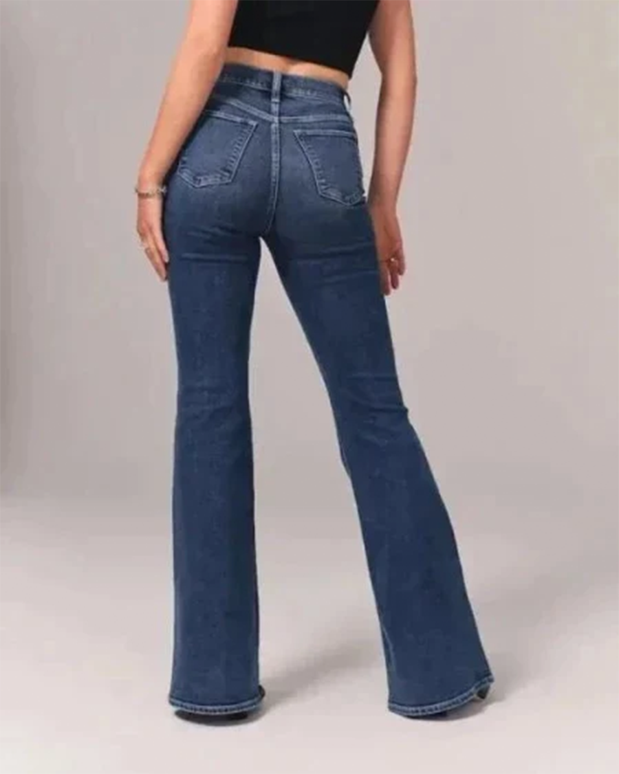 Stylish Blue High Waisted Flare Jeans for Women with Five Pocket Button Front Denim Retro Style