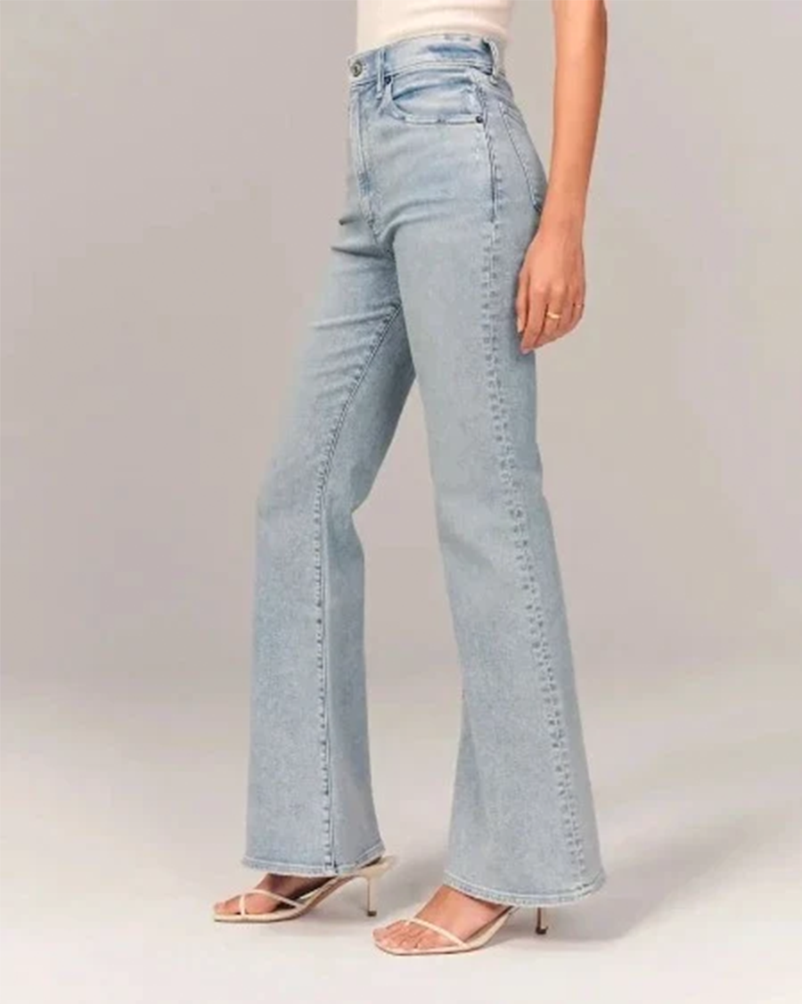 Stylish Blue High Waisted Flare Jeans for Women with Five Pocket Button Front Denim Retro Style