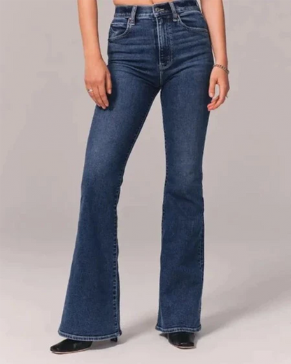 Stylish Blue High Waisted Flare Jeans for Women with Five Pocket Button Front Denim Retro Style