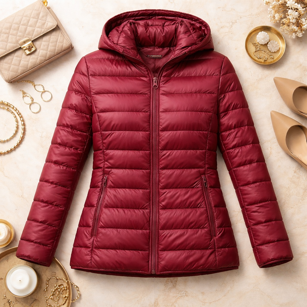 Sleek Hooded Puffer Jacket for Women with Zip Front Lightweight Quilted Insulated Packable Winter Style