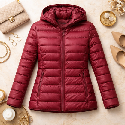 Sleek Hooded Puffer Jacket for Women with Zip Front Lightweight Quilted Insulated Packable Winter Style