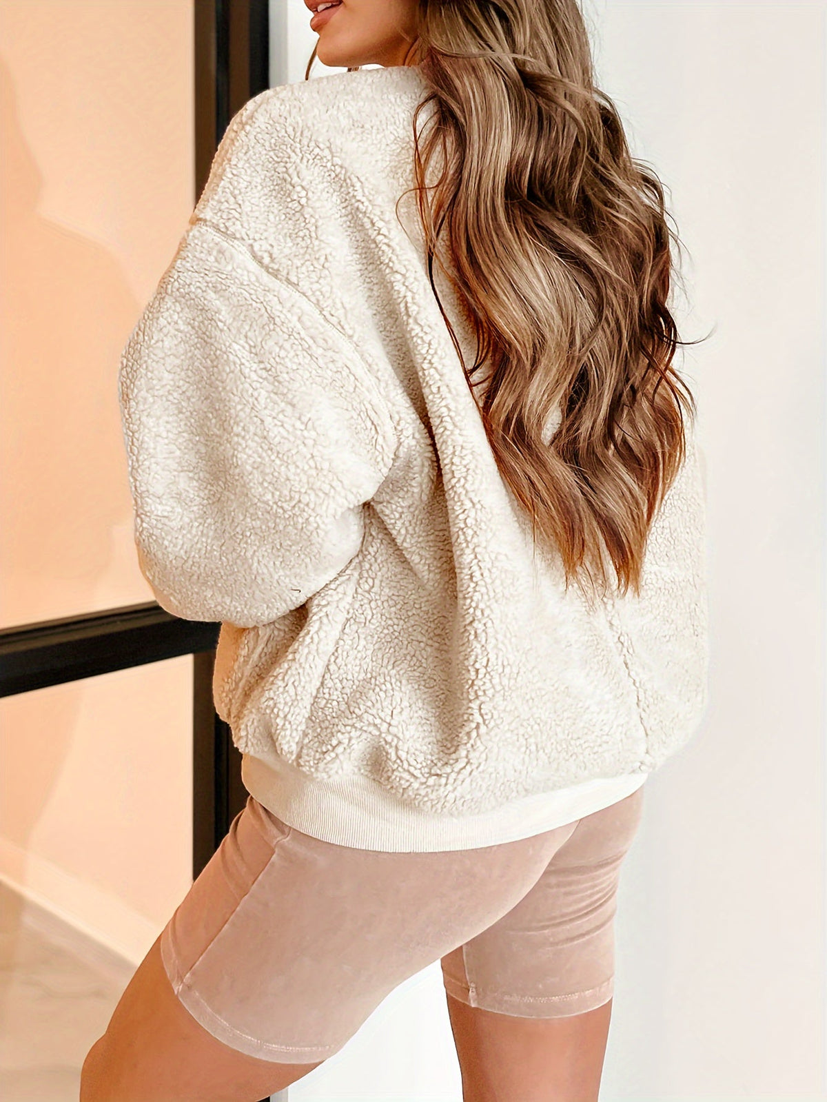 Cozy Beige Bomber Jacket for Women with Ribbed Collar Long Sleeve Zip Up Fluffy Teddy Fleece Style