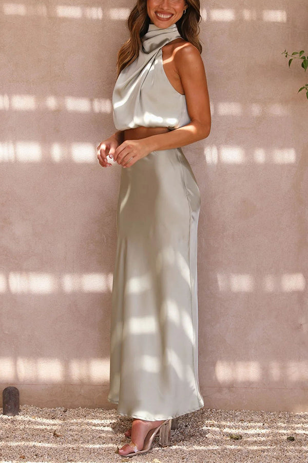 Elegant Satin Two Piece Set for Women with Halter Crop Top Maxi Skirt Wedding Guest Style
