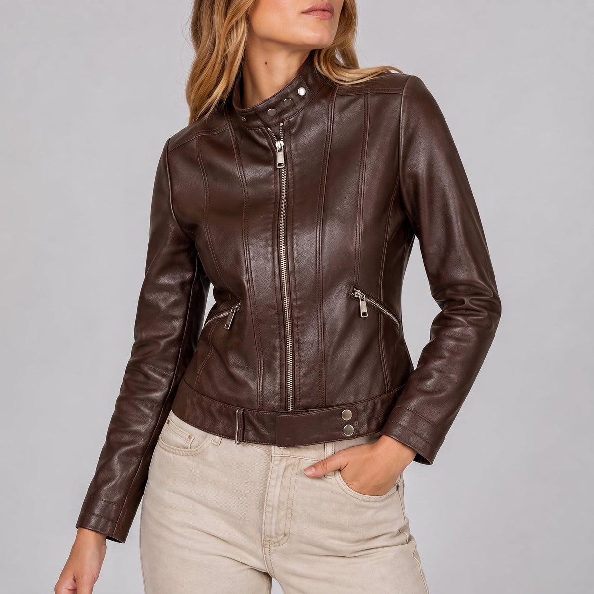 Chic Leather Jacket for Women with Band Collar Long Sleeve Full Zip Fitted Moto Style