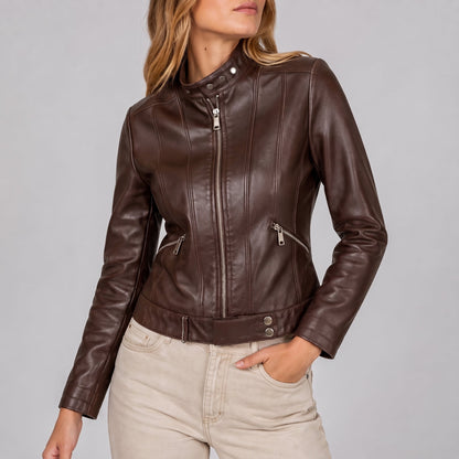 Chic Leather Jacket for Women with Band Collar Long Sleeve Full Zip Fitted Moto Style