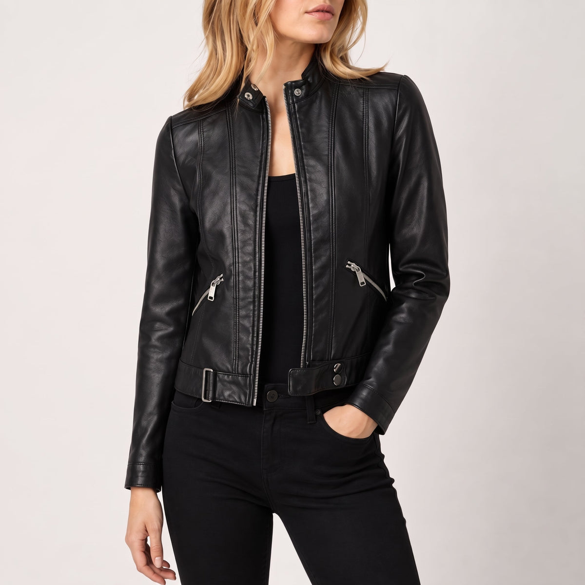 Chic Leather Jacket for Women with Band Collar Long Sleeve Full Zip Fitted Moto Style