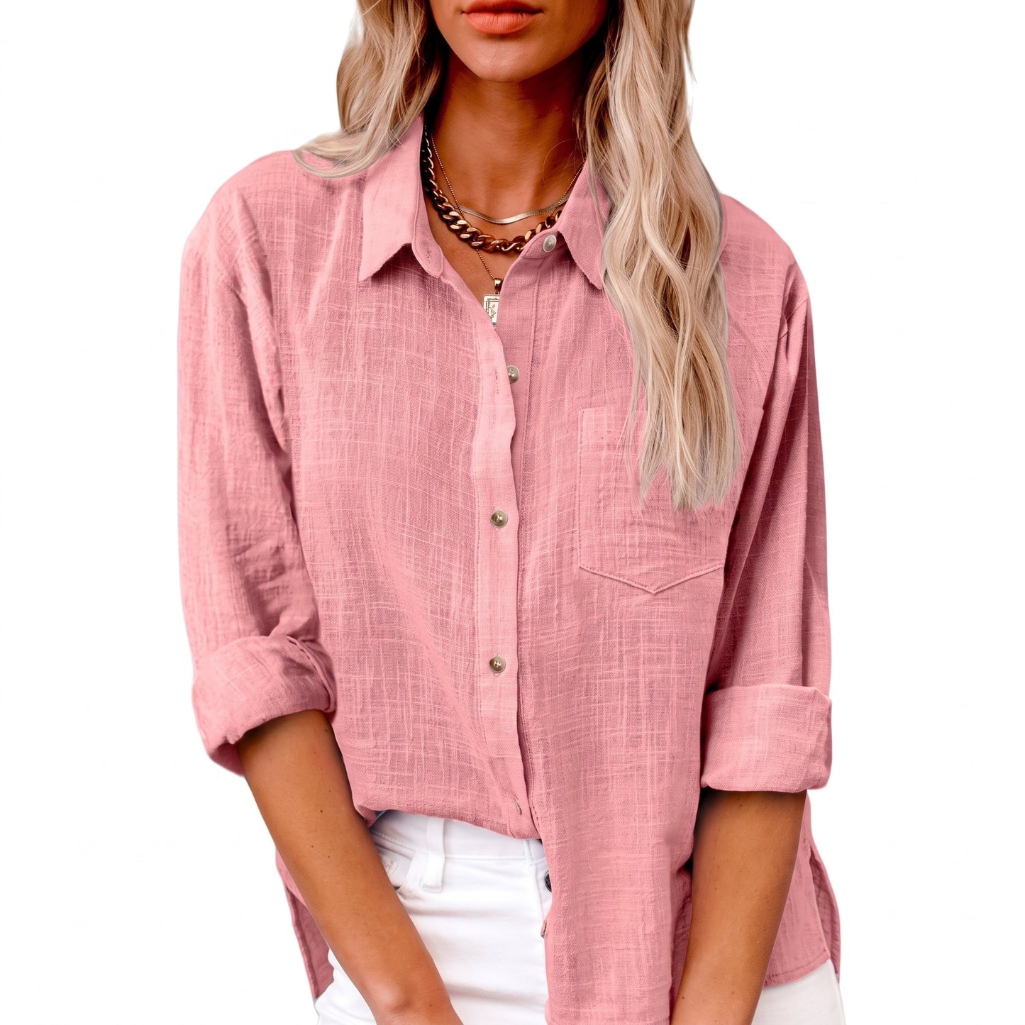 Effortless Linen Blouse for Women with Collar Long Sleeve Button Front Relaxed Casual Style