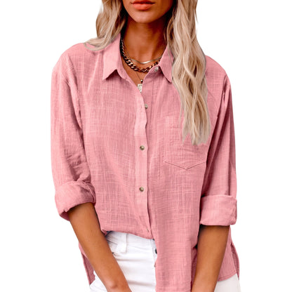 Effortless Linen Blouse for Women with Collar Long Sleeve Button Front Relaxed Casual Style