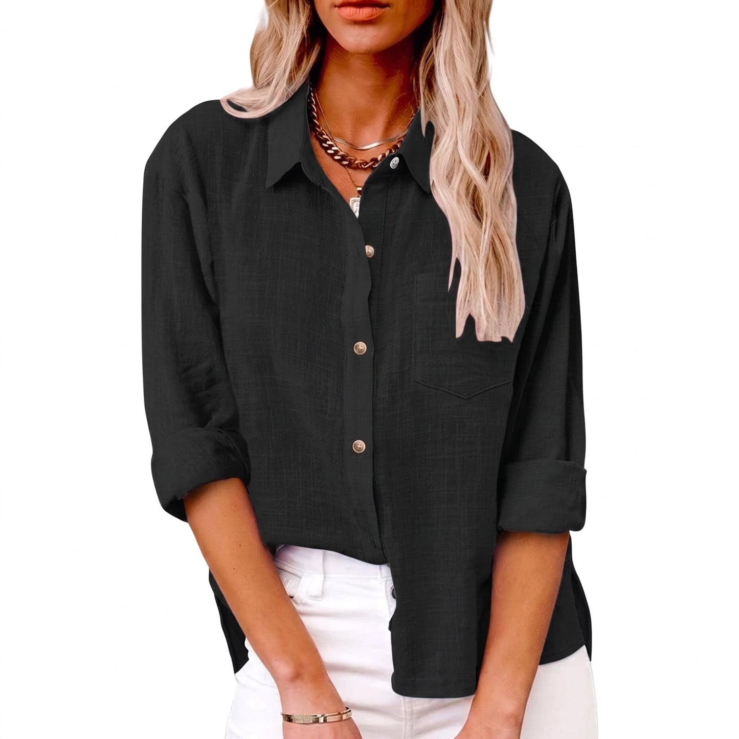 Effortless Linen Blouse for Women with Collar Long Sleeve Button Front Relaxed Casual Style